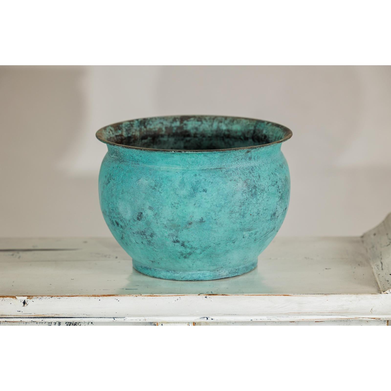 Set of Three Aged Vintage Turquoise Copper Cachepots - image 13