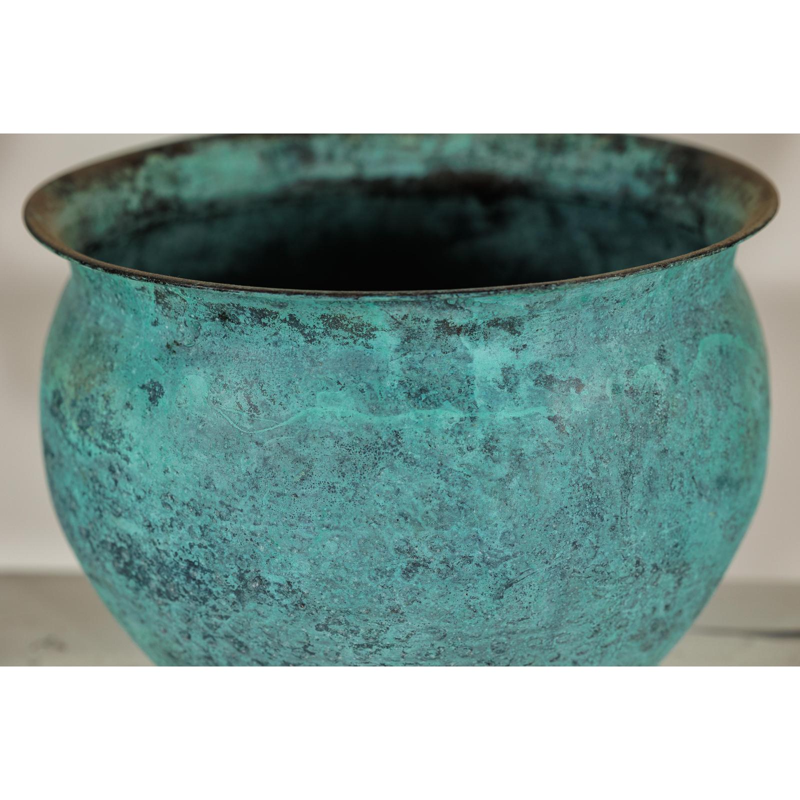 Set of Three Aged Vintage Turquoise Copper Cachepots - image 16