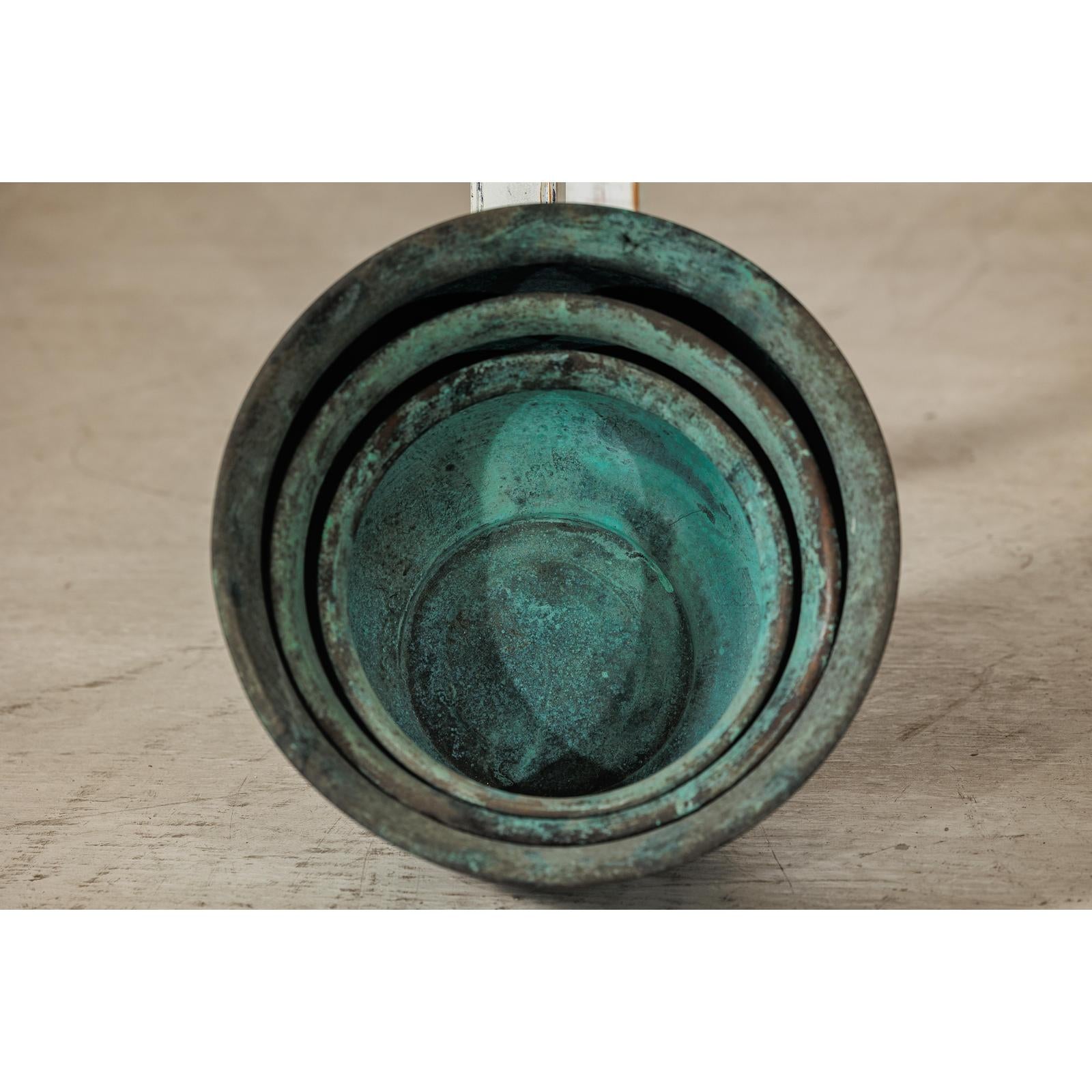 Set of Three Aged Vintage Turquoise Copper Cachepots - image 19