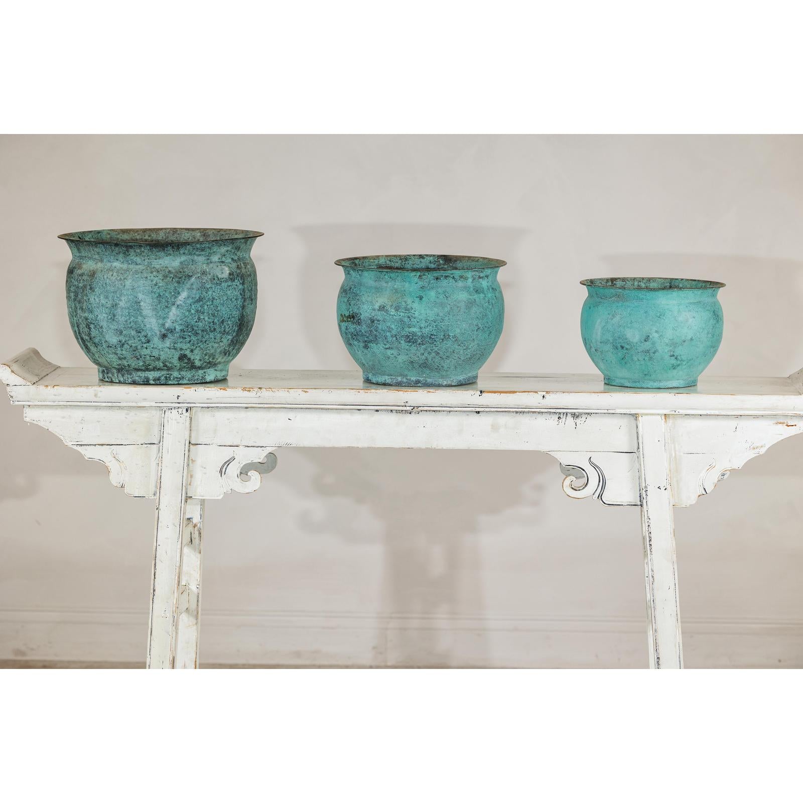 Set of Three Aged Vintage Turquoise Copper Cachepots - image 2