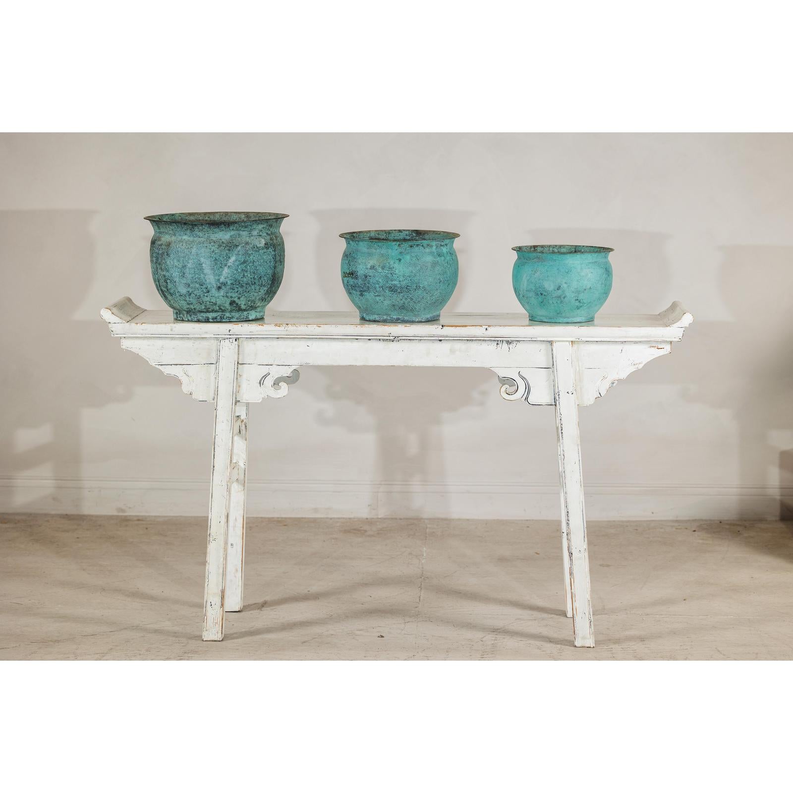 Set of Three Aged Vintage Turquoise Copper Cachepots - image 20