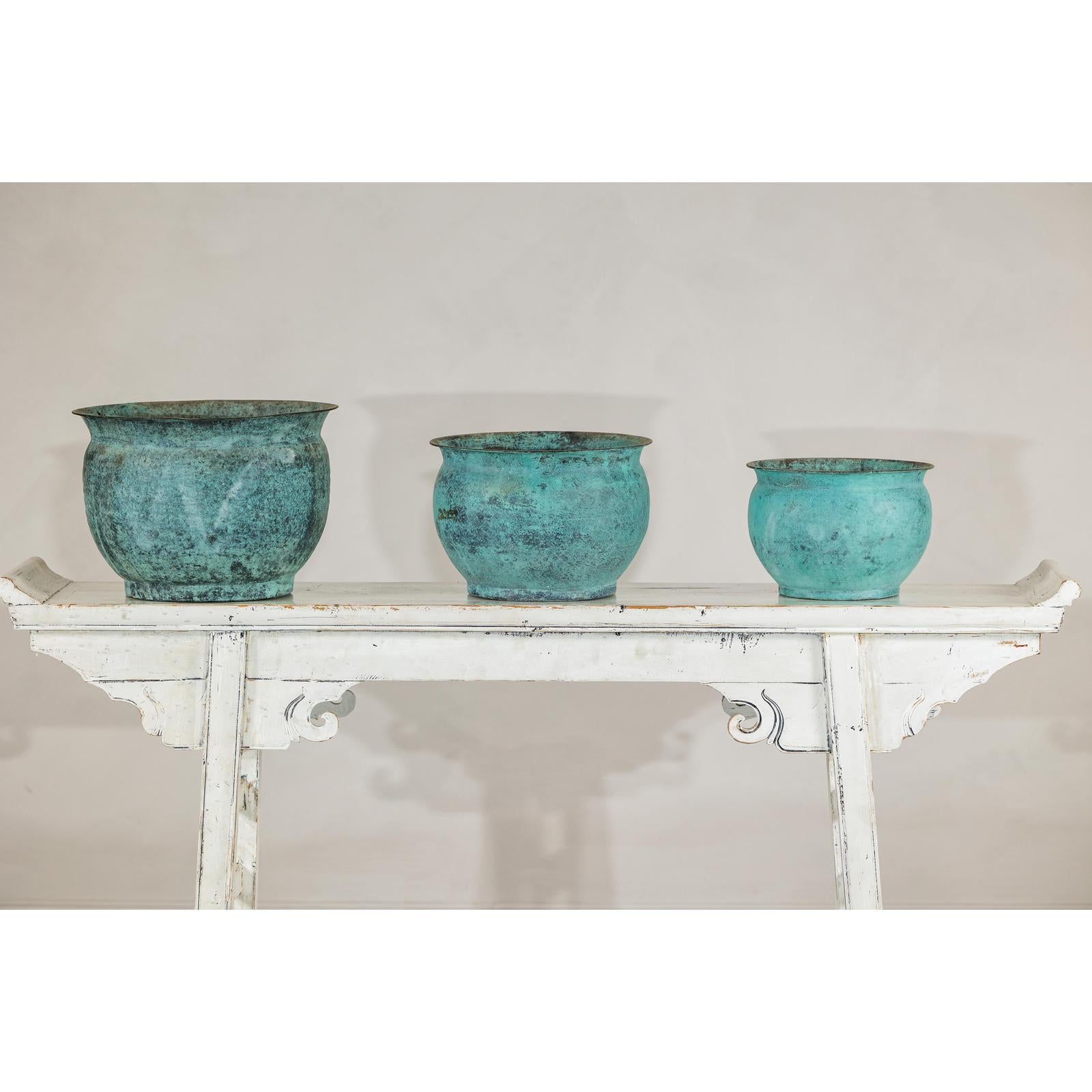 Set of Three Aged Vintage Turquoise Copper Cachepots - image 3