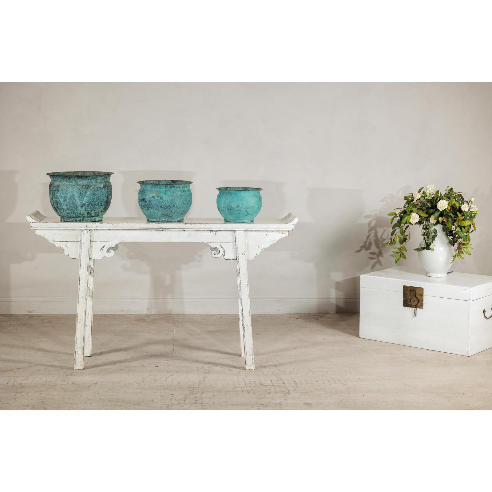 Set of Three Aged Vintage Turquoise Copper Cachepots - image 4