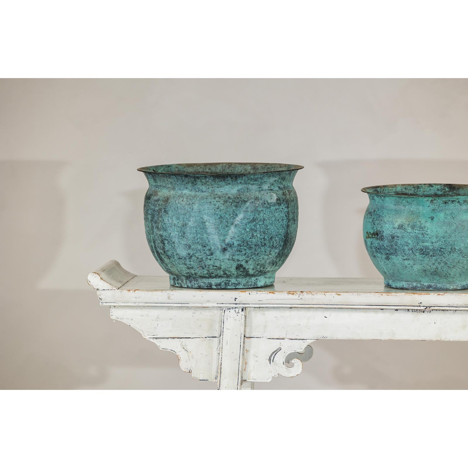 Set of Three Aged Vintage Turquoise Copper Cachepots - image 5