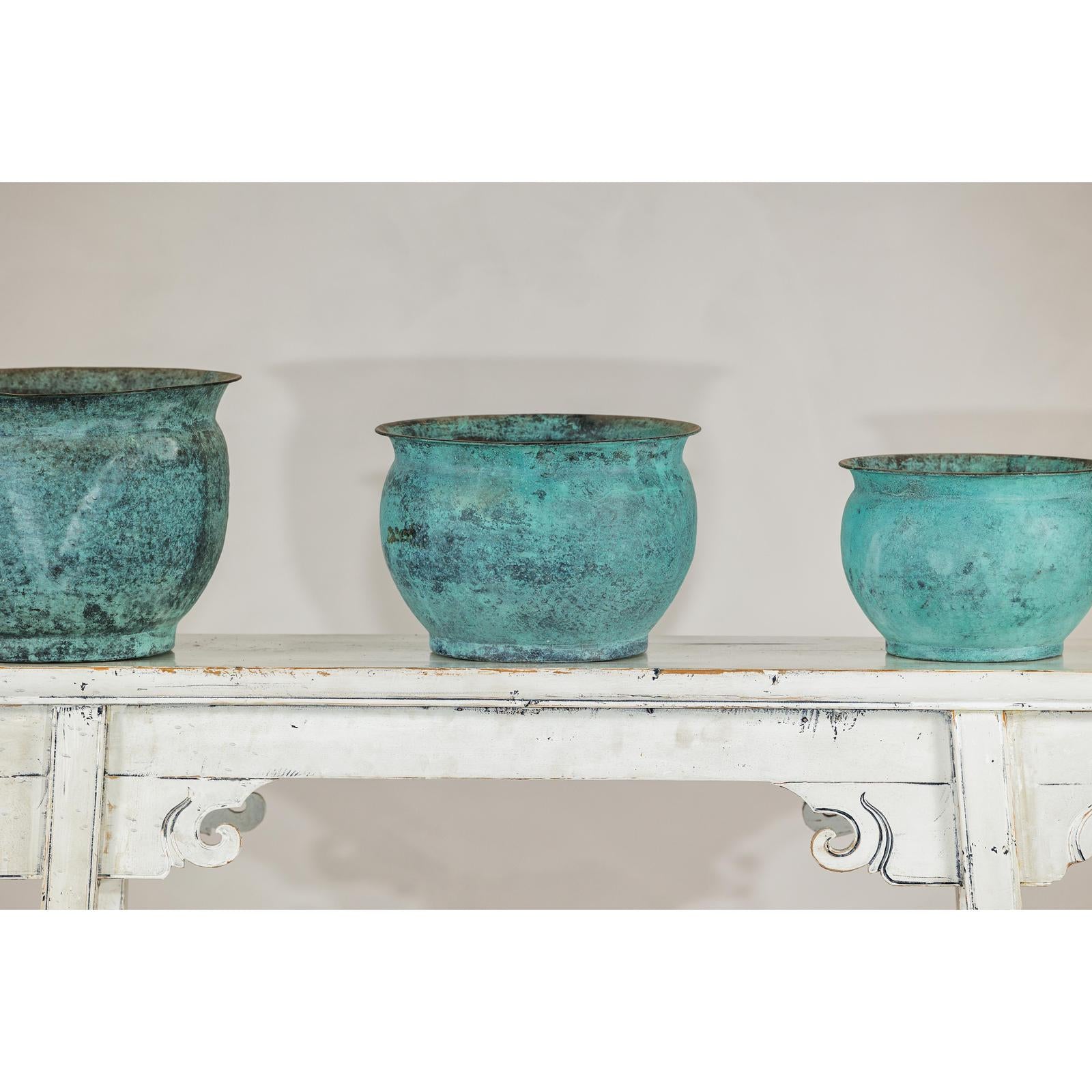 Set of Three Aged Vintage Turquoise Copper Cachepots - image 6