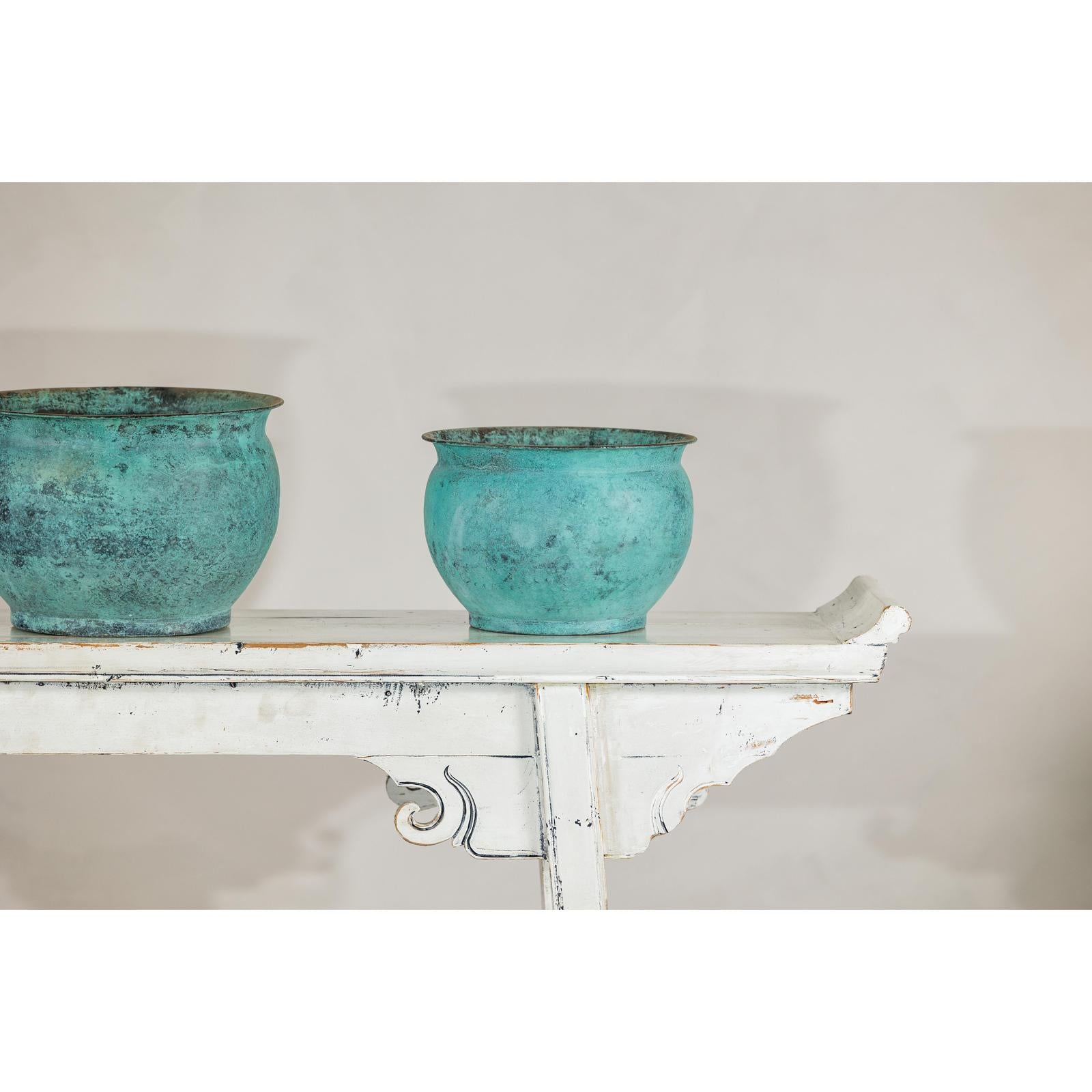 Set of Three Aged Vintage Turquoise Copper Cachepots - image 7