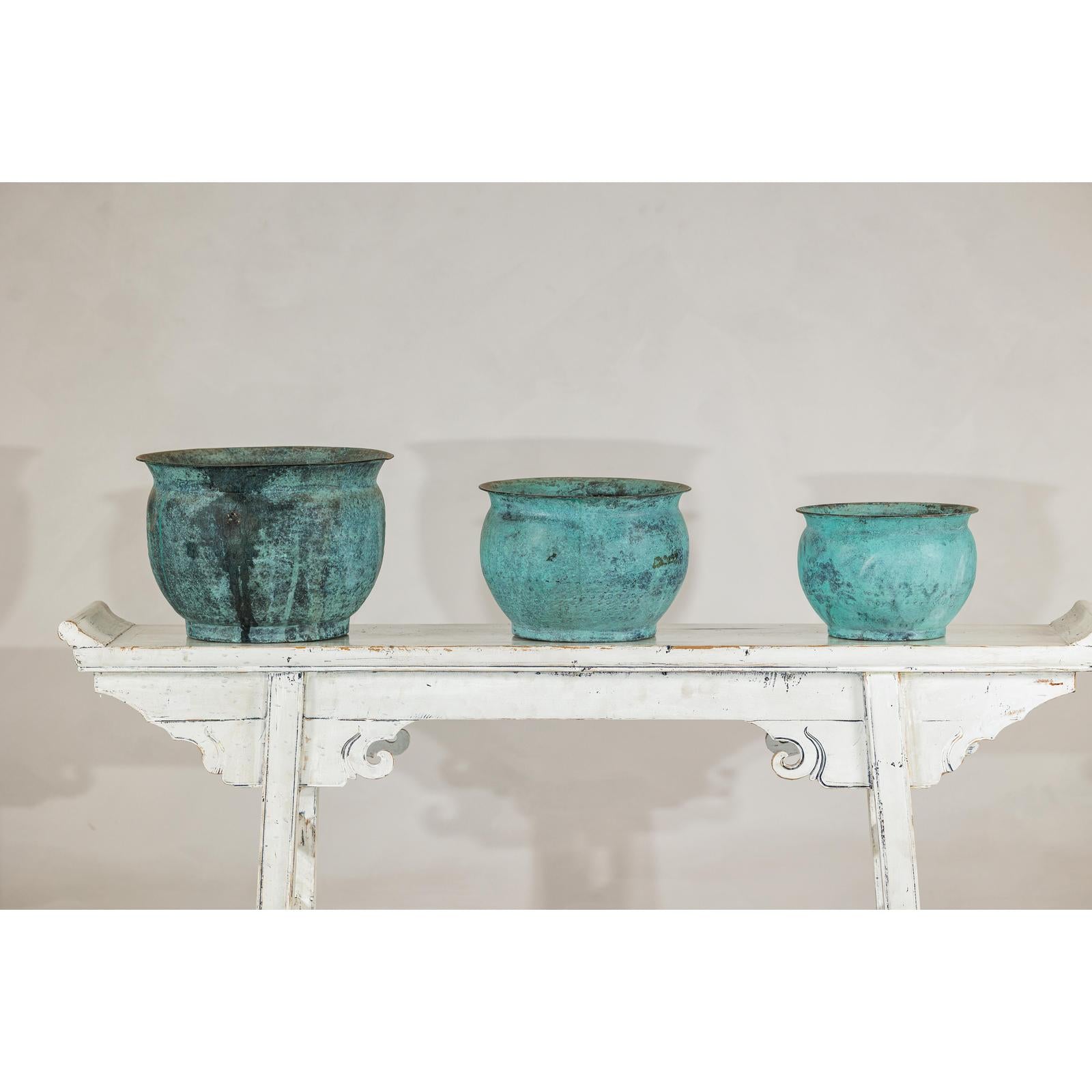 Set of Three Aged Vintage Turquoise Copper Cachepots - image 8