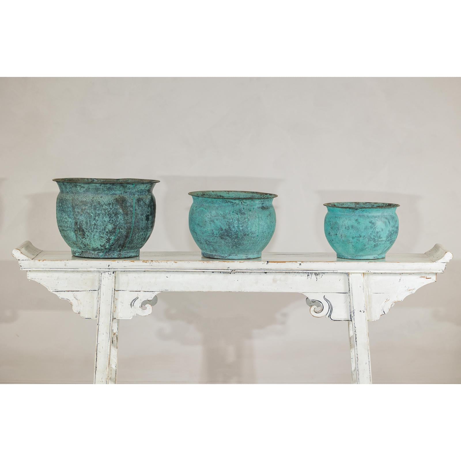 Set of Three Aged Vintage Turquoise Copper Cachepots - image 9