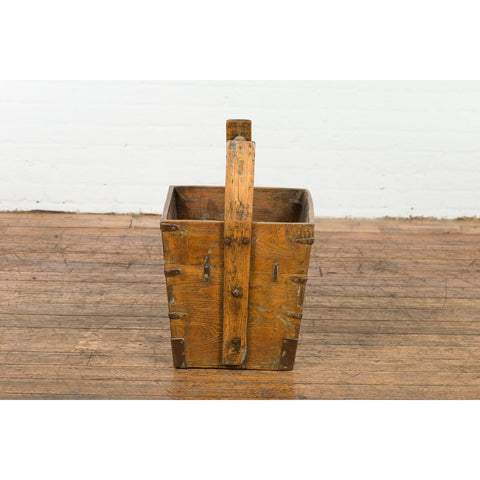 19th Century Wood and Metal Grain Basket with Carrying Handle