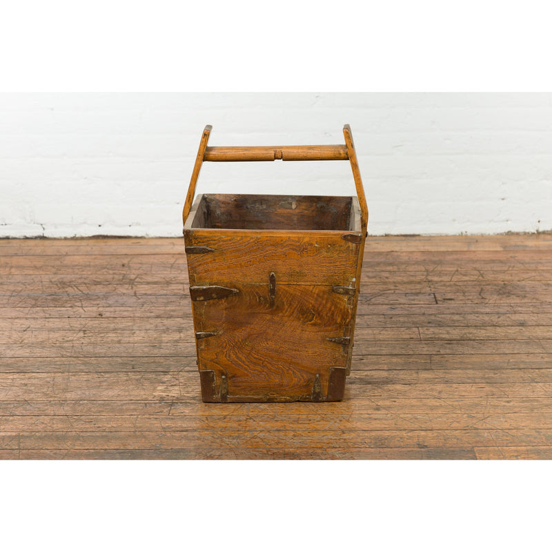 19th Century Wood and Metal Grain Basket with Carrying Handle-YN7658-12. Asian & Chinese Furniture, Art, Antiques, Vintage Home Décor for sale at FEA Home