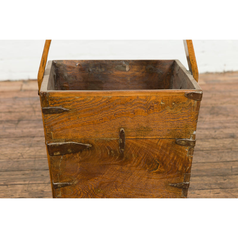 19th Century Wood and Metal Grain Basket with Carrying Handle-YN7658-5. Asian & Chinese Furniture, Art, Antiques, Vintage Home Décor for sale at FEA Home