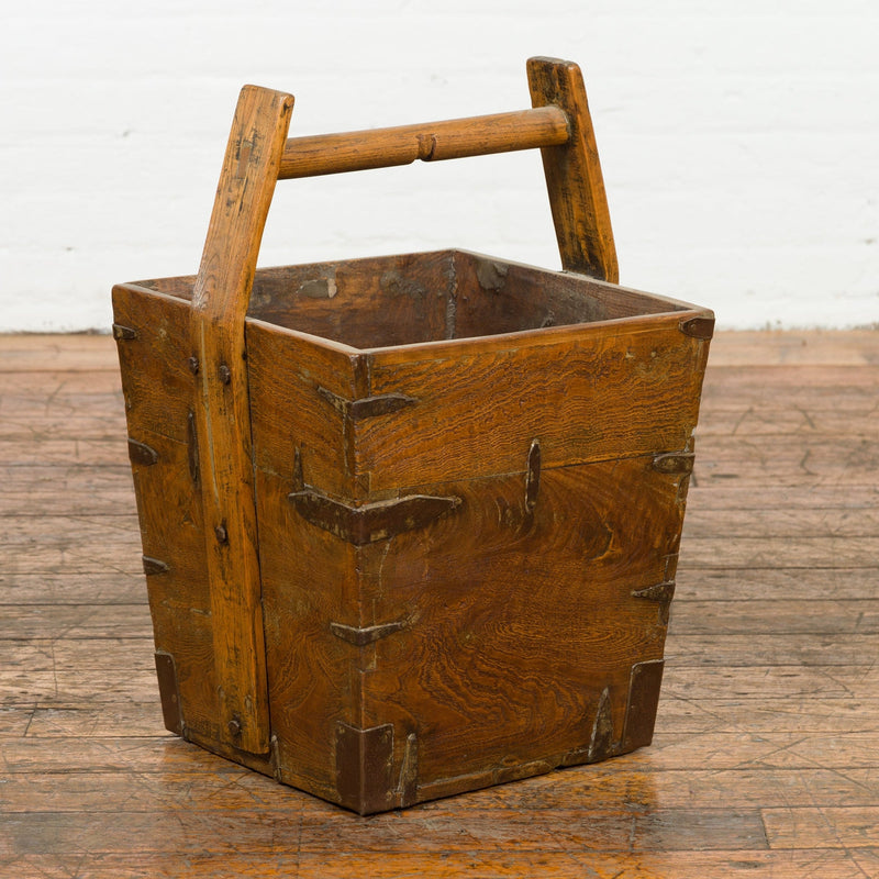 19th Century Wood and Metal Grain Basket with Carrying Handle-YN7658-8. Asian & Chinese Furniture, Art, Antiques, Vintage Home Décor for sale at FEA Home