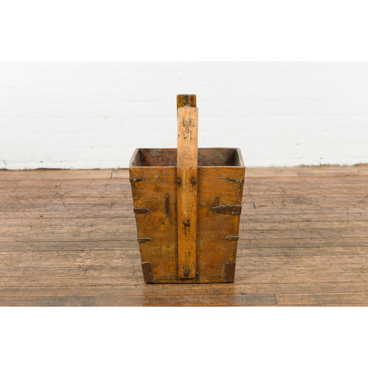 19th Century Wood and Metal Grain Basket with Carrying Handle-9. Asian &amp; Chinese Furniture, Art, Antiques, Vintage Home Décor for sale at FEA Home