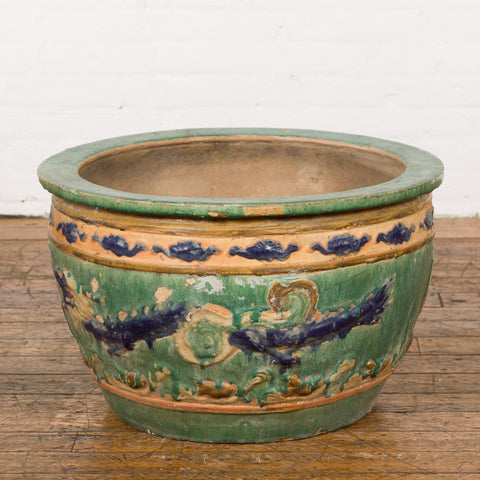 Antique Annamese 19th Century Planter with Green Glaze Décor and Patina