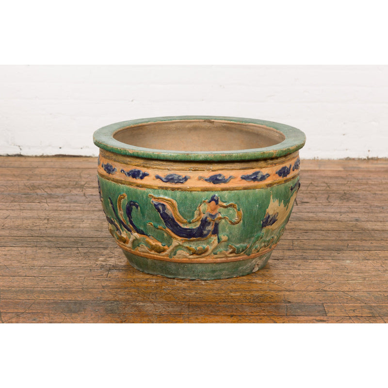 Antique Annamese 19th Century Planter with Green Glaze Décor and Patina-YN7766-8. Asian & Chinese Furniture, Art, Antiques, Vintage Home Décor for sale at FEA Home