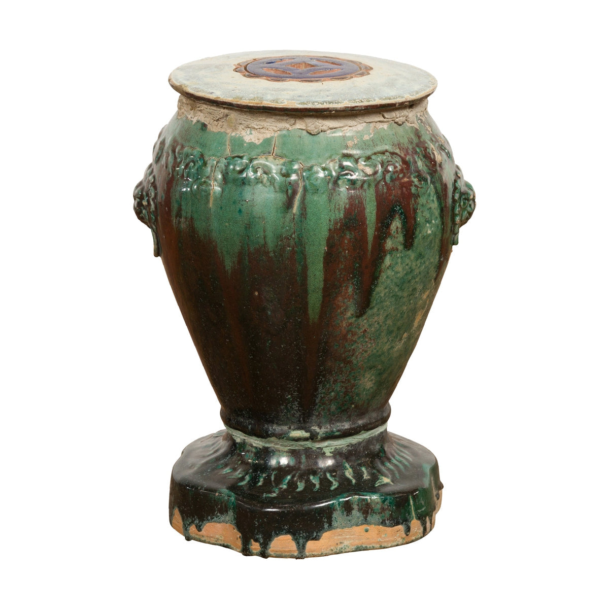 Antique Annamese Green and Brown Glazed Ceramic Garden Seat on Shaped Base-1. Asian & Chinese Furniture, Art, Antiques, Vintage Home Décor for sale at FEA Home