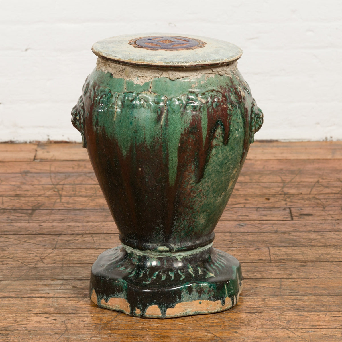 Antique Annamese Green and Brown Glazed Ceramic Garden Seat on Shaped Base-2. Asian & Chinese Furniture, Art, Antiques, Vintage Home Décor for sale at FEA Home