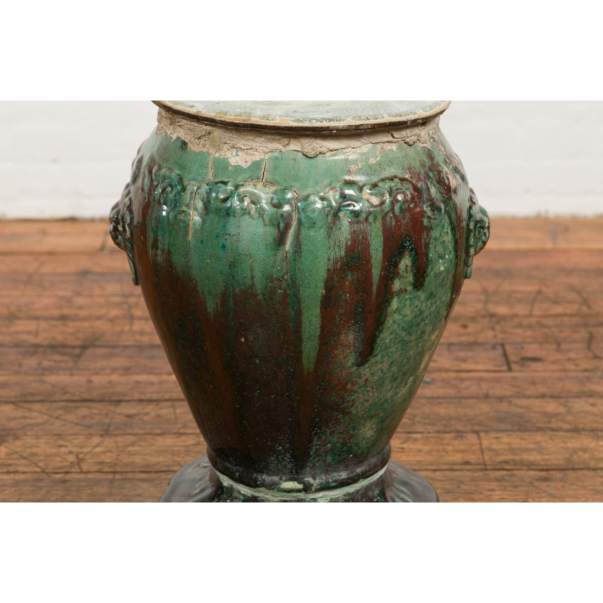 Antique Annamese Green and Brown Glazed Ceramic Garden Seat on Shaped Base-8. Asian &amp; Chinese Furniture, Art, Antiques, Vintage Home Décor for sale at FEA Home