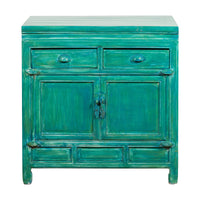 Aqua Teal Side Cabinet with Two Drawers over Two Doors