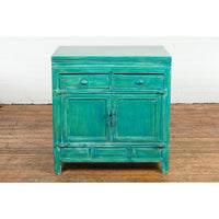 Aqua Teal Side Cabinet with Two Drawers over Two Doors