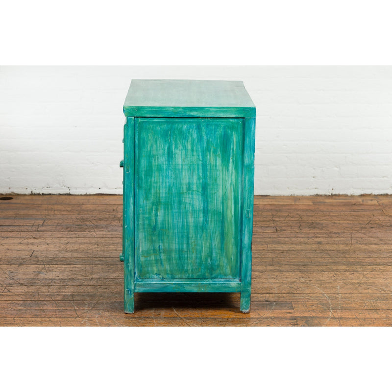 Aqua Teal Side Cabinet with Two Drawers over Two Doors-YN1209-14. Asian & Chinese Furniture, Art, Antiques, Vintage Home Décor for sale at FEA Home