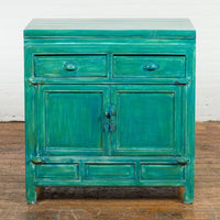 Aqua Teal Side Cabinet with Two Drawers over Two Doors