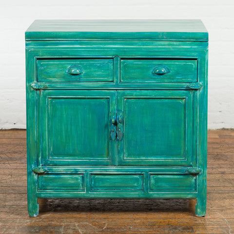 Aqua Teal Side Cabinet with Two Drawers over Two Doors-YN1209-2. Asian & Chinese Furniture, Art, Antiques, Vintage Home Décor for sale at FEA Home