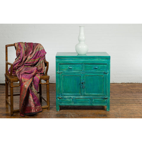Aqua Teal Side Cabinet with Two Drawers over Two Doors-YN1209-3. Asian & Chinese Furniture, Art, Antiques, Vintage Home Décor for sale at FEA Home