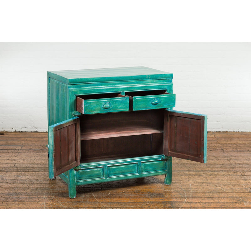 Aqua Teal Side Cabinet with Two Drawers over Two Doors-YN1209-4. Asian & Chinese Furniture, Art, Antiques, Vintage Home Décor for sale at FEA Home