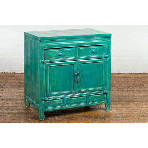 Aqua Teal Side Cabinet with Two Drawers over Two Doors-YN1209-5. Asian & Chinese Furniture, Art, Antiques, Vintage Home Décor for sale at FEA Home