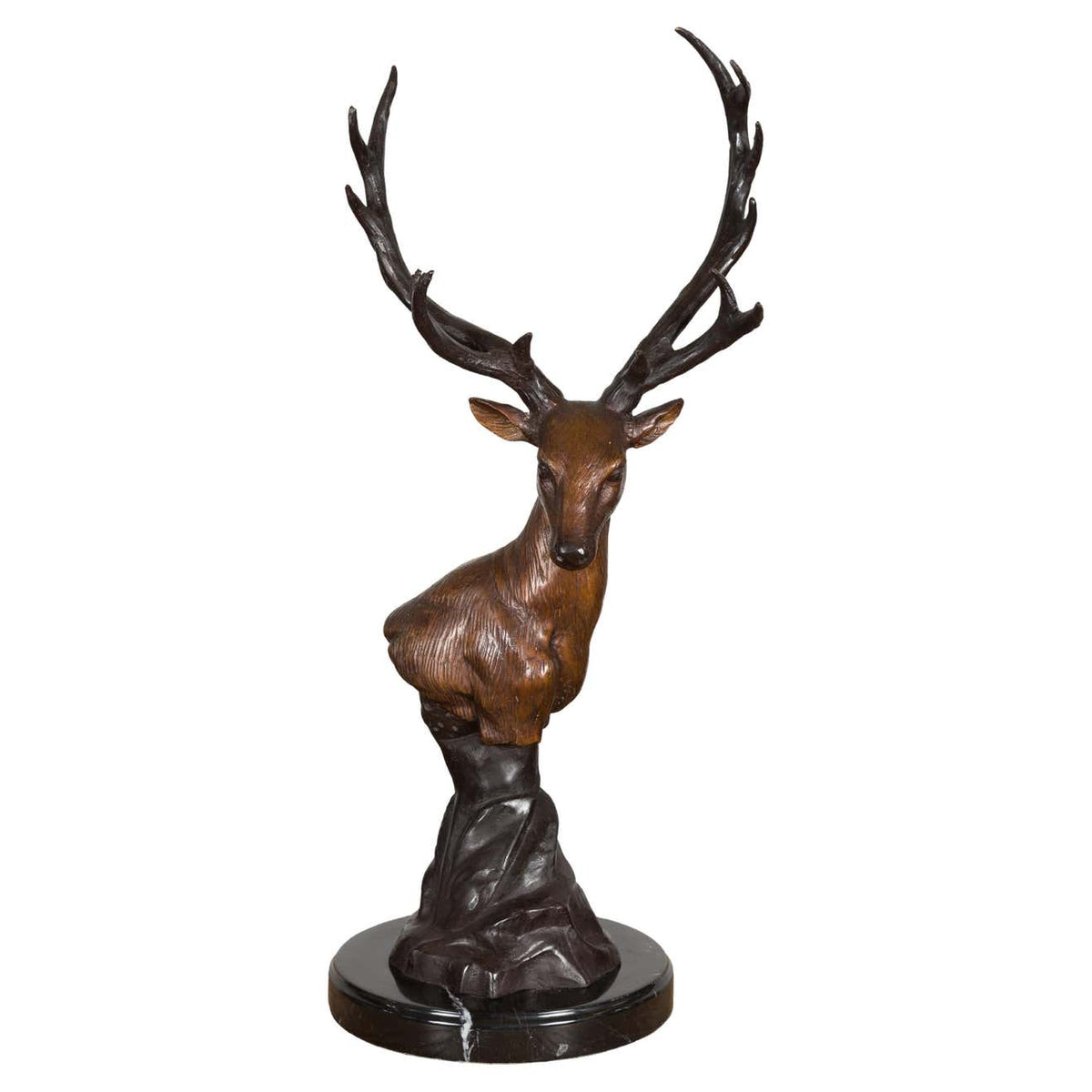 Bronze Stag Head Sculpture on Marble Base Created with Lost Wax Technique-1. Asian & Chinese Furniture, Art, Antiques, Vintage Home Décor for sale at FEA Home