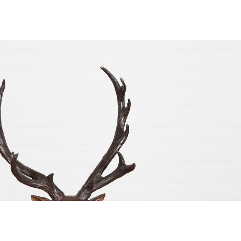 Bronze Stag Head Sculpture on Marble Base Created with Lost Wax Technique-RG2137-10. Asian & Chinese Furniture, Art, Antiques, Vintage Home Décor for sale at FEA Home
