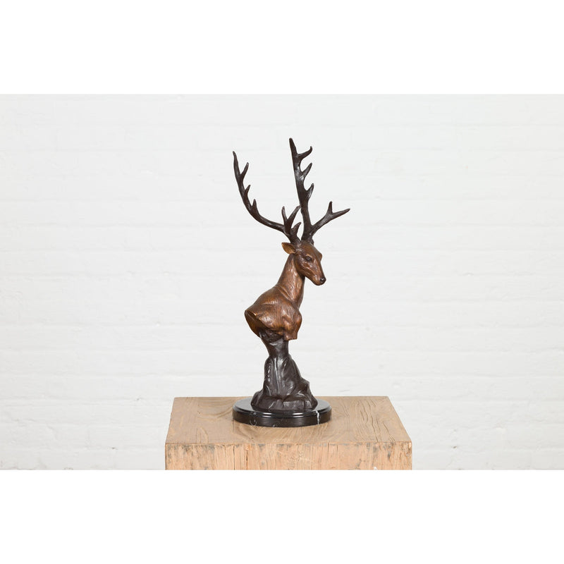 Bronze Stag Head Sculpture on Marble Base Created with Lost Wax Technique-RG2137-11. Asian & Chinese Furniture, Art, Antiques, Vintage Home Décor for sale at FEA Home