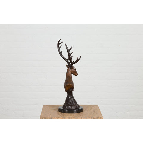 Bronze Stag Head Sculpture on Marble Base Created with Lost Wax Technique-RG2137-12. Asian & Chinese Furniture, Art, Antiques, Vintage Home Décor for sale at FEA Home