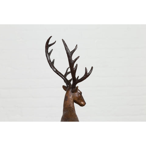 Bronze Stag Head Sculpture on Marble Base Created with Lost Wax Technique
