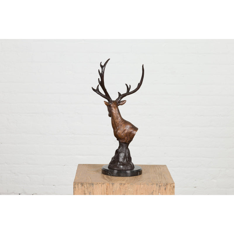 Bronze Stag Head Sculpture on Marble Base Created with Lost Wax Technique-RG2137-15. Asian & Chinese Furniture, Art, Antiques, Vintage Home Décor for sale at FEA Home