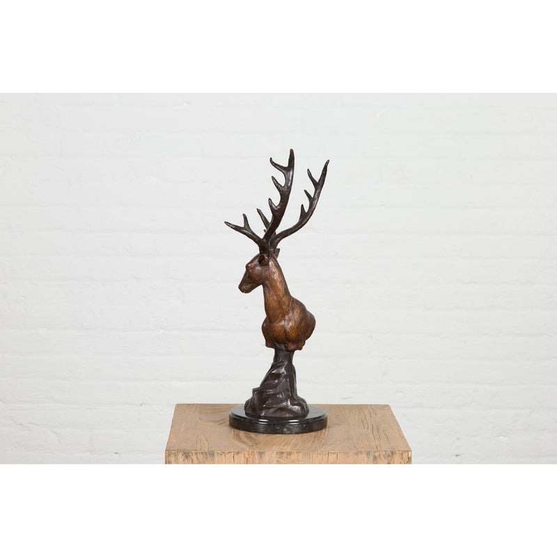 Bronze Stag Head Sculpture on Marble Base Created with Lost Wax Technique-RG2137-16. Asian & Chinese Furniture, Art, Antiques, Vintage Home Décor for sale at FEA Home