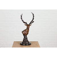 Bronze Stag Head Sculpture on Marble Base Created with Lost Wax Technique-RG2137-2. Asian & Chinese Furniture, Art, Antiques, Vintage Home Décor for sale at FEA Home