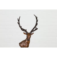Bronze Stag Head Sculpture on Marble Base Created with Lost Wax Technique