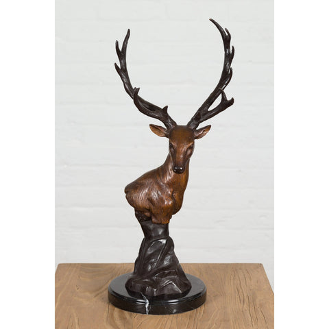 Bronze Stag Head Sculpture on Marble Base Created with Lost Wax Technique