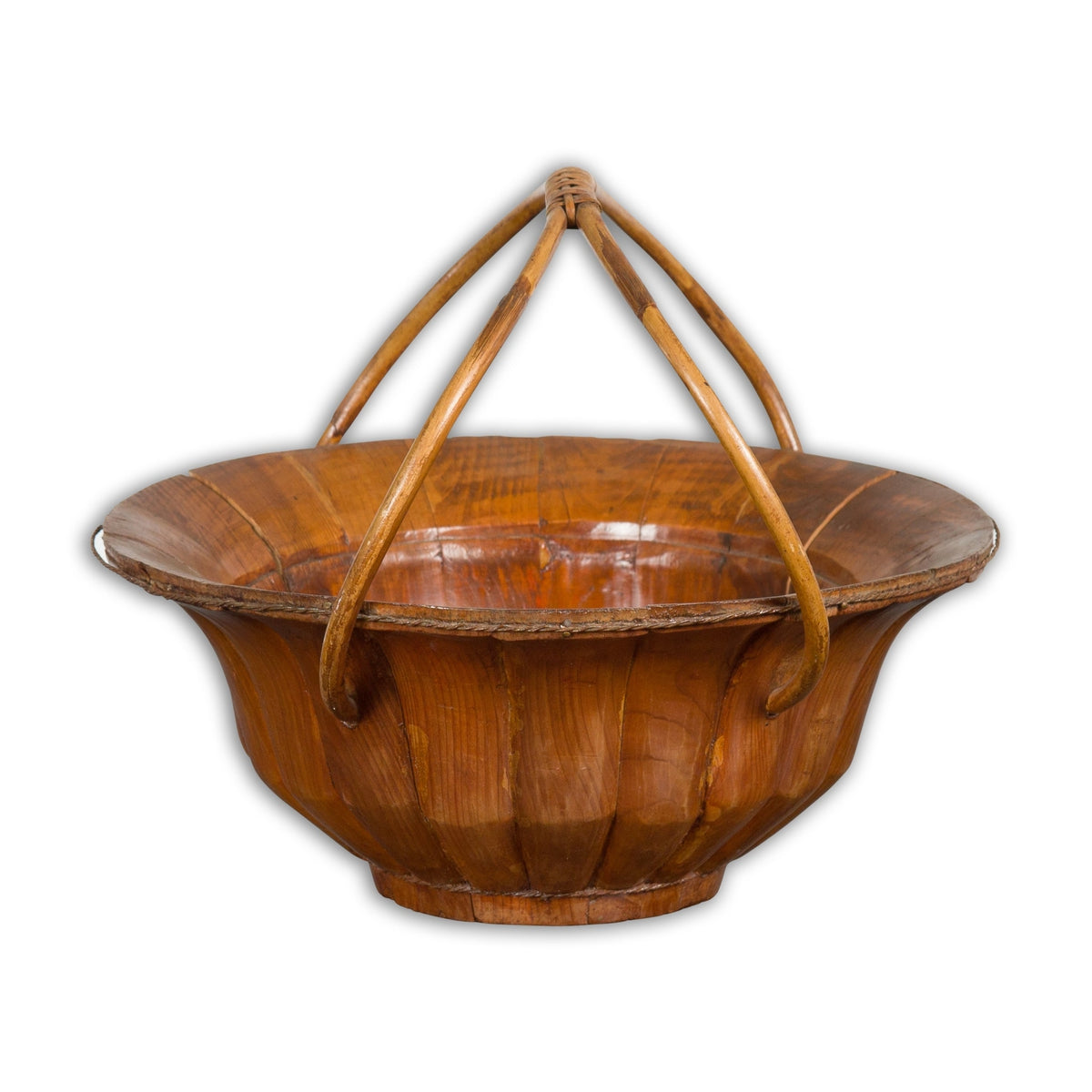 Chinese Late Qing Dynasty 1900s Varnished Bamboo Basket with Large Handles-1. Asian & Chinese Furniture, Art, Antiques, Vintage Home Décor for sale at FEA Home
