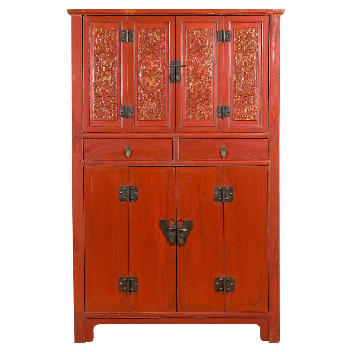 Chinese Late Qing Dynasty Period Red Lacquer Cabinet with Carved and Gilt Doors-1. Asian & Chinese Furniture, Art, Antiques, Vintage Home Décor for sale at FEA Home