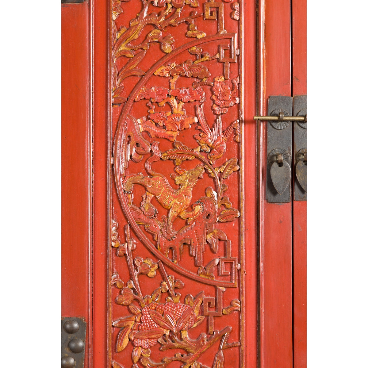 Chinese Late Qing Dynasty Period Red Lacquer Cabinet with Carved and Gilt Doors-18. Asian &amp; Chinese Furniture, Art, Antiques, Vintage Home Décor for sale at FEA Home