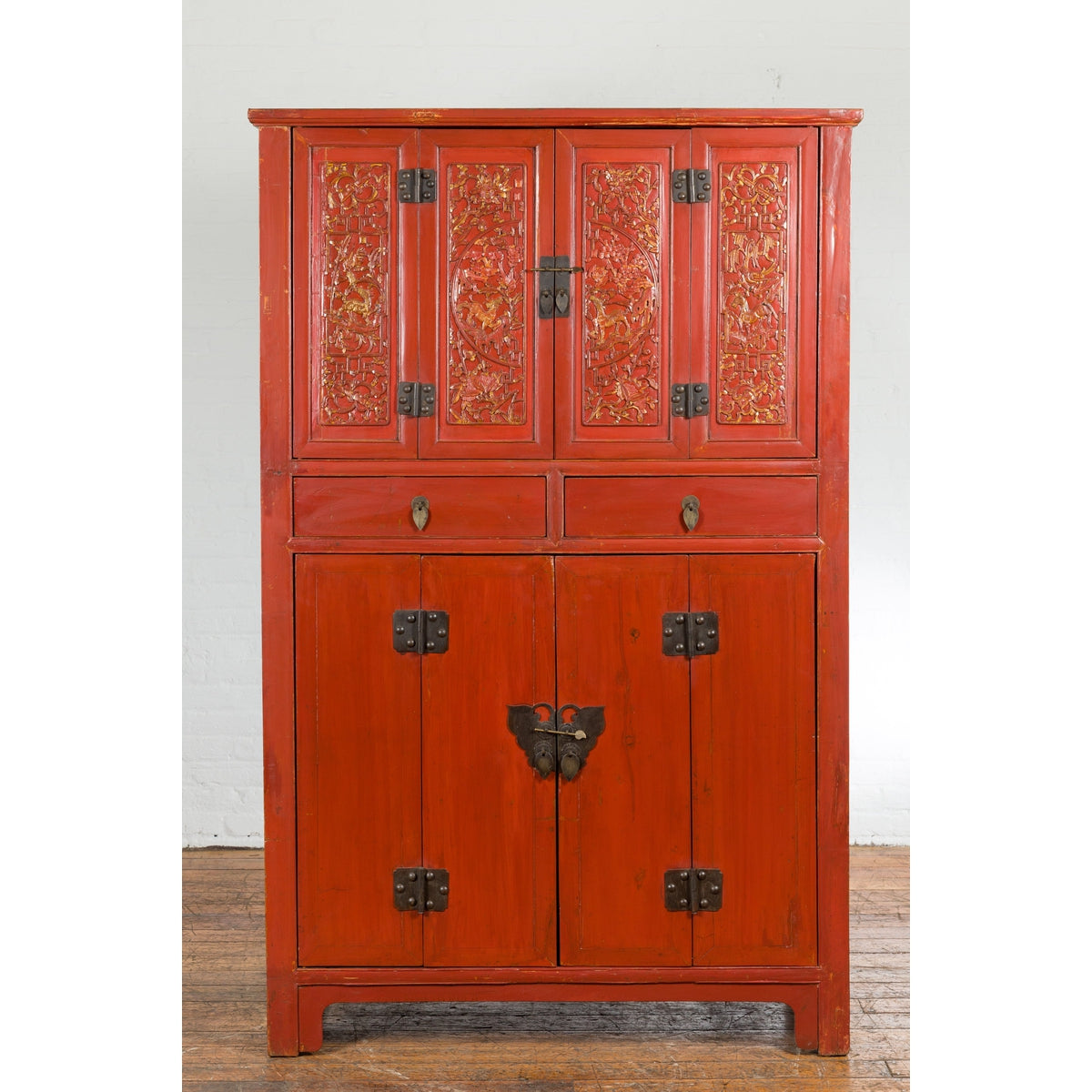 Chinese Late Qing Dynasty Period Red Lacquer Cabinet with Carved and Gilt Doors-2. Asian & Chinese Furniture, Art, Antiques, Vintage Home Décor for sale at FEA Home