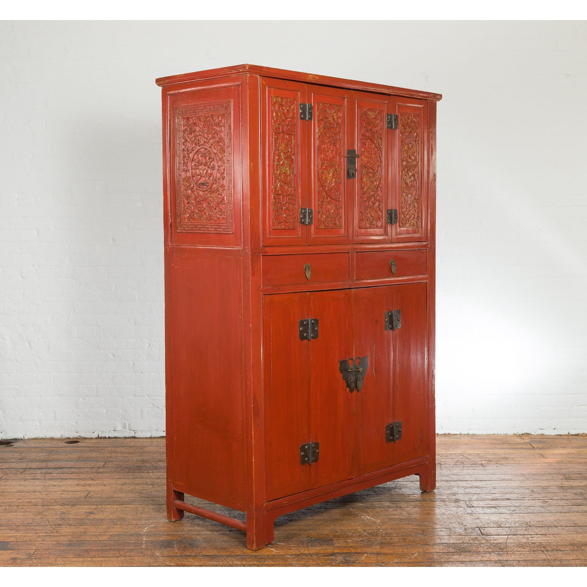 Chinese Late Qing Dynasty Period Red Lacquer Cabinet with Carved and Gilt Doors-3. Asian &amp; Chinese Furniture, Art, Antiques, Vintage Home Décor for sale at FEA Home