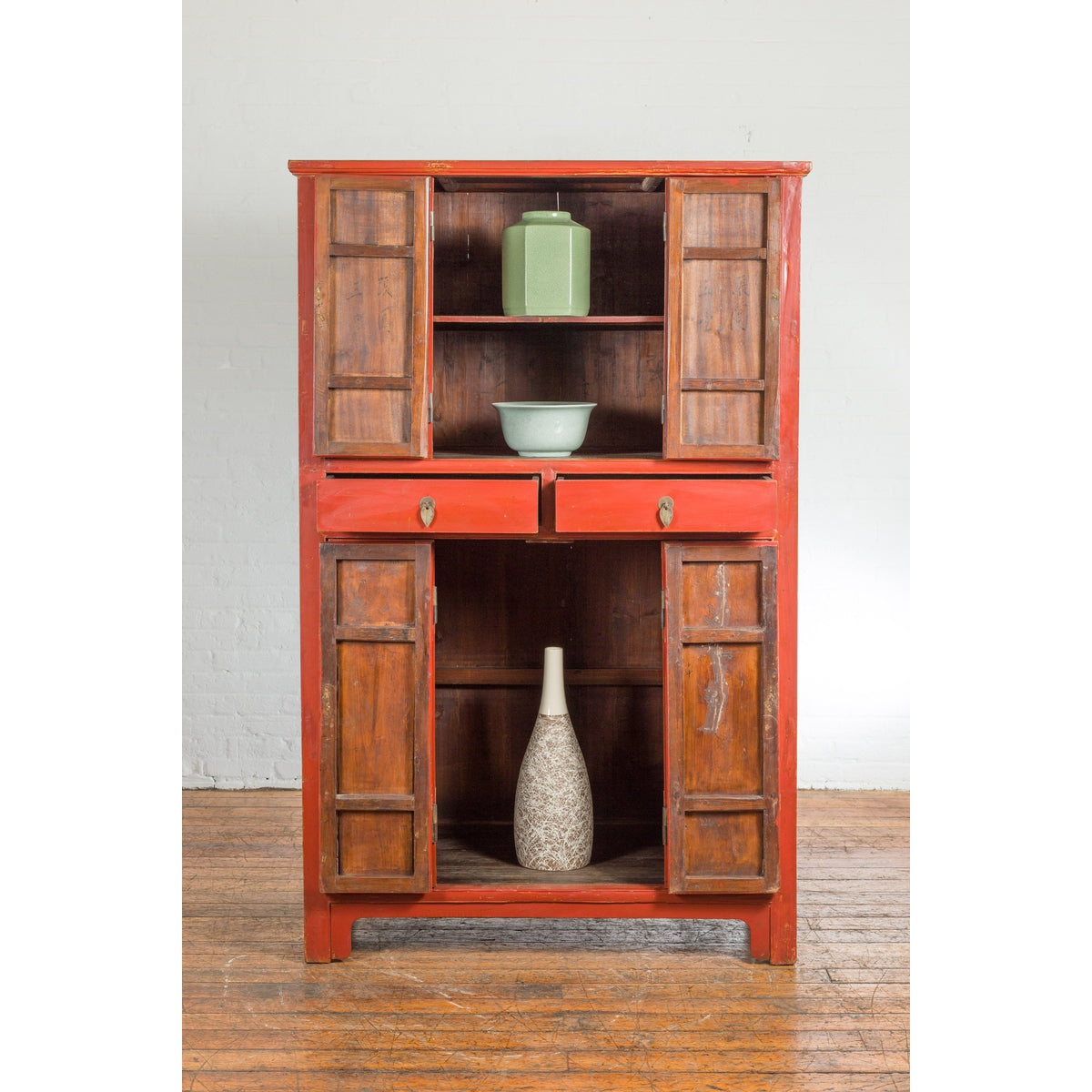 Chinese Late Qing Dynasty Period Red Lacquer Cabinet with Carved and Gilt Doors-4. Asian &amp; Chinese Furniture, Art, Antiques, Vintage Home Décor for sale at FEA Home
