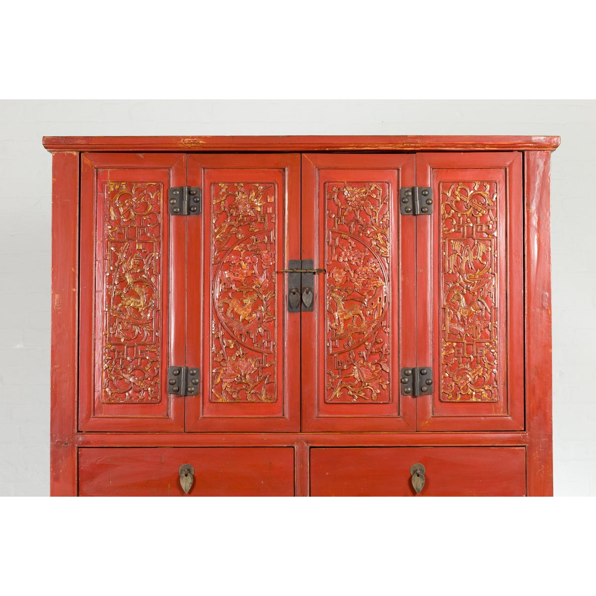 Chinese Late Qing Dynasty Period Red Lacquer Cabinet with Carved and Gilt Doors-5. Asian &amp; Chinese Furniture, Art, Antiques, Vintage Home Décor for sale at FEA Home