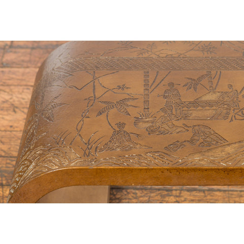 Chinese Midcentury Waterfall Scroll Table with Reserved Court Scenes Décor