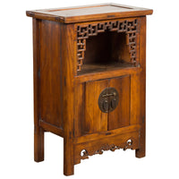 Chinese Qing Dynasty 19th Century Elm Side Cabinet with Fretwork Shelf and Doors