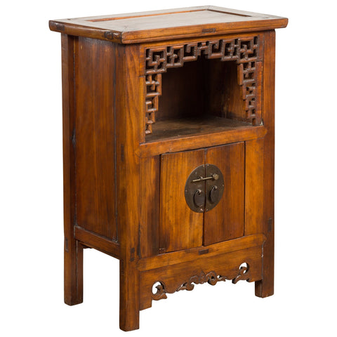 Chinese Qing Dynasty 19th Century Elm Side Cabinet with Fretwork Shelf and Doors-YN2370-1. Asian & Chinese Furniture, Art, Antiques, Vintage Home Décor for sale at FEA Home